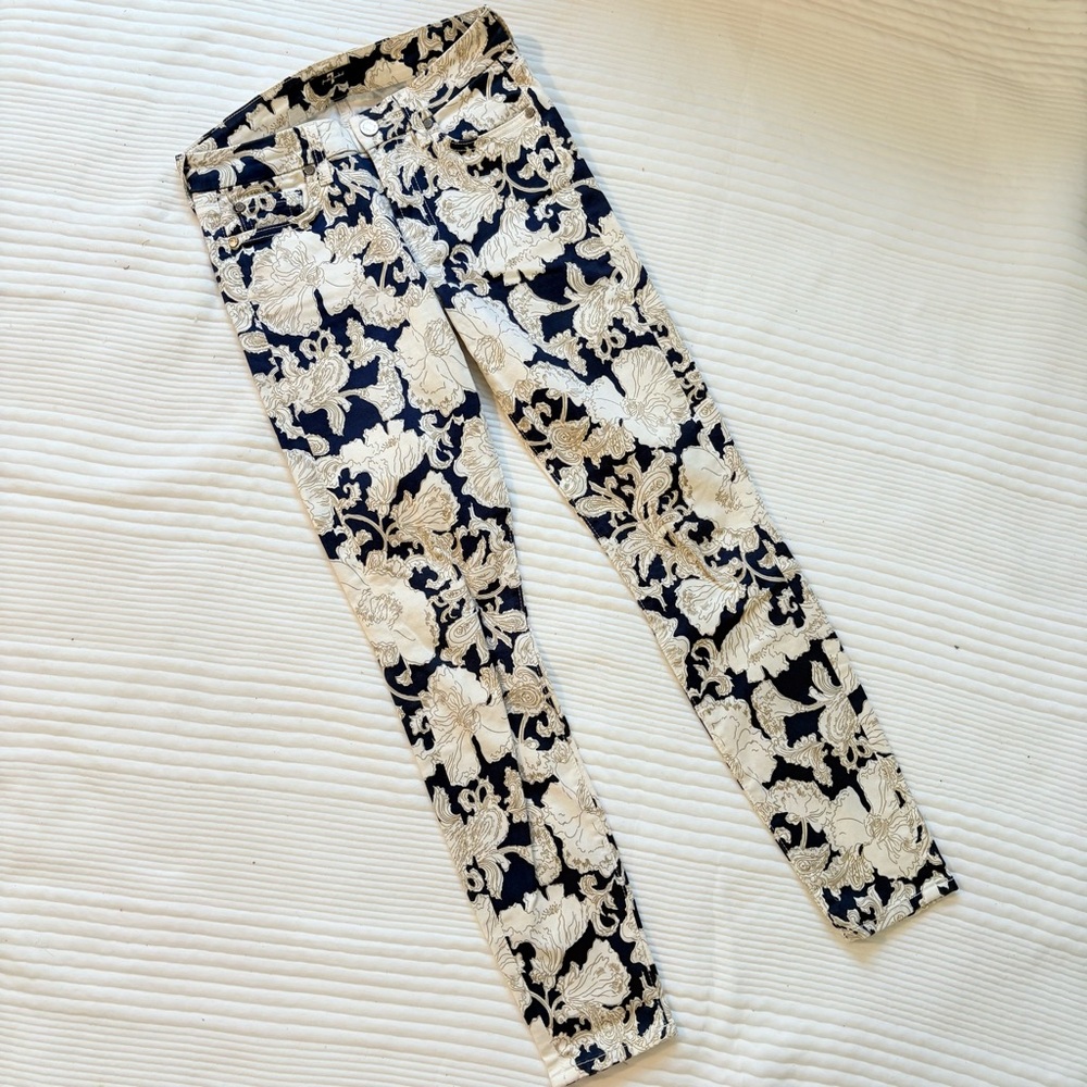 7 For All Mankind Floral Navy and Cream Skinny Jeans